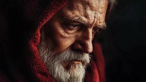 High contrast close portrait of elderly bearded man in hood