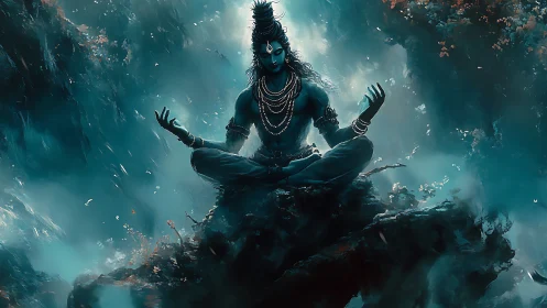 Mystic blue deity meditates amid swirling celestial mist