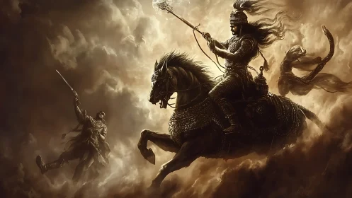 Armored horse warrior charging through stormlit battle clouds.