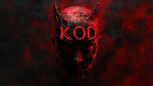 Demonic KOD mask in red smoke with glowing carved text.