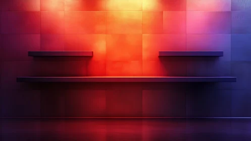 Radiant floating shelves glowing in warm sunset colors.