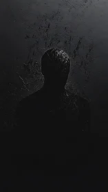 Silhouetted figure dissolving into textured shadow field.