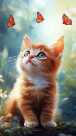 Orange kitten watching butterflies in soft forest light.