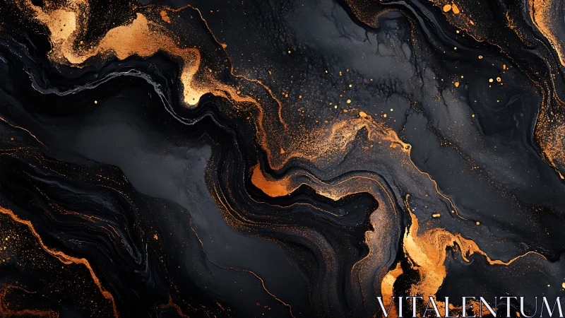Fluid black-gold marbling with high-contrast metallic pigment streams