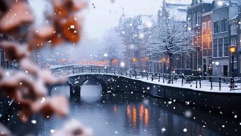 Snowy canal bridge glows under warm winter streetlights.