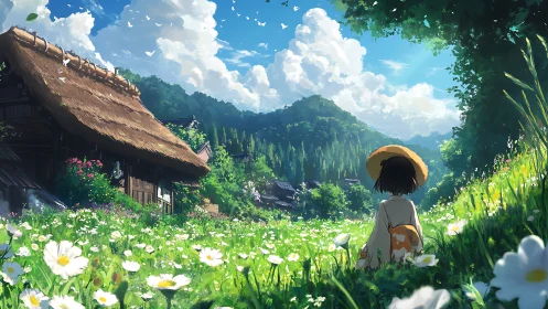 Summer hillside meadow with thatched farmhouse and child.