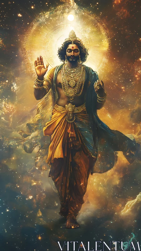 Starlit cosmic deity walking through a swirling golden universe.