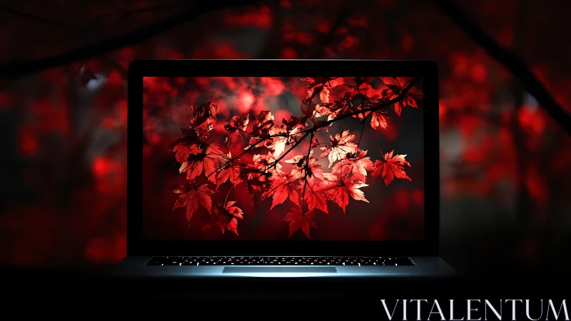 Backlit laptop screen displaying vivid red maple foliage contrast
