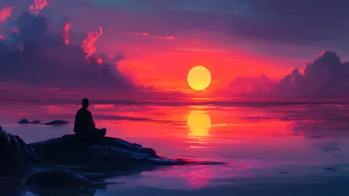 Solitary figure meditates beneath radiant neon sunset glow.