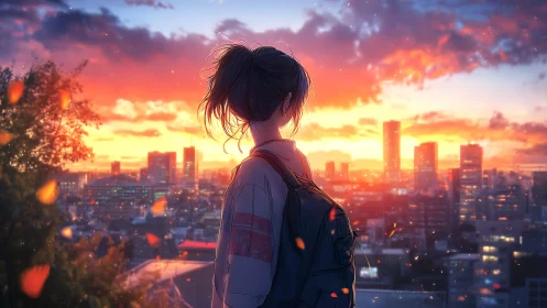 Twilight student gazes over ember-lit city horizon in hush.