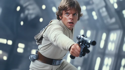 Sci fi character aiming blaster in spacecraft corridor.