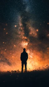Silhouette of person under dense star field and nebula glow.