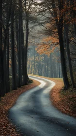 Winding Country Road Through Golden Autumn Forest.