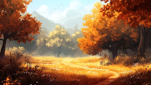 Digital painting of a sunlit autumn meadow with framed trees.