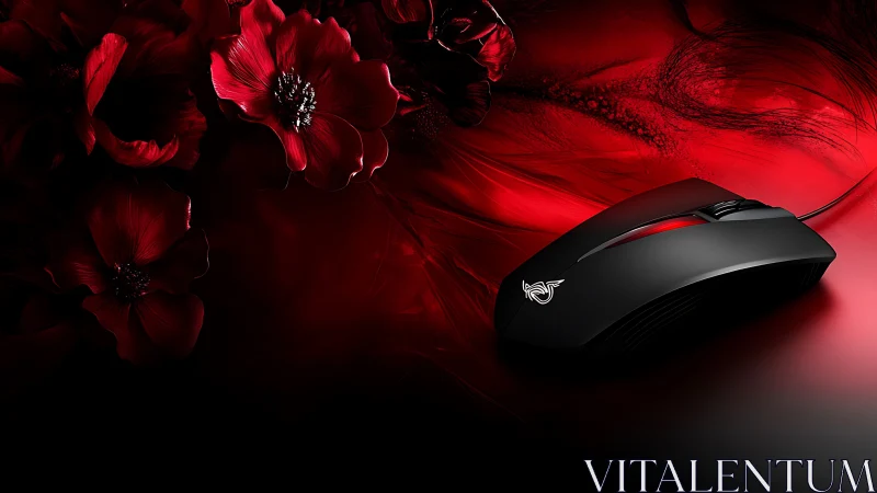 Black wired mouse on red floral digitally lit background.