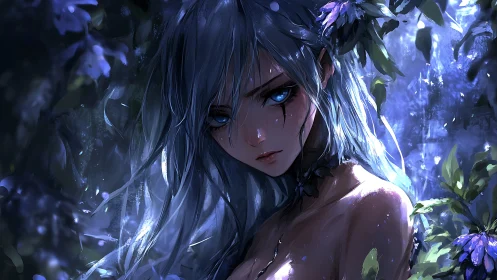 Moonlit silver-haired girl in dark enchanted forest portrait.