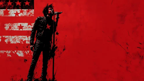 Silhouetted rock vocalist with star motif on red backdrop.