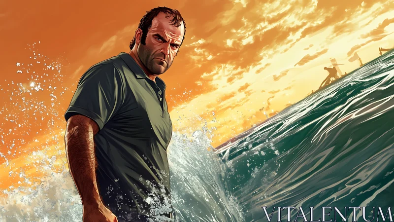 Man stands in breaking surf under orange sunset sky