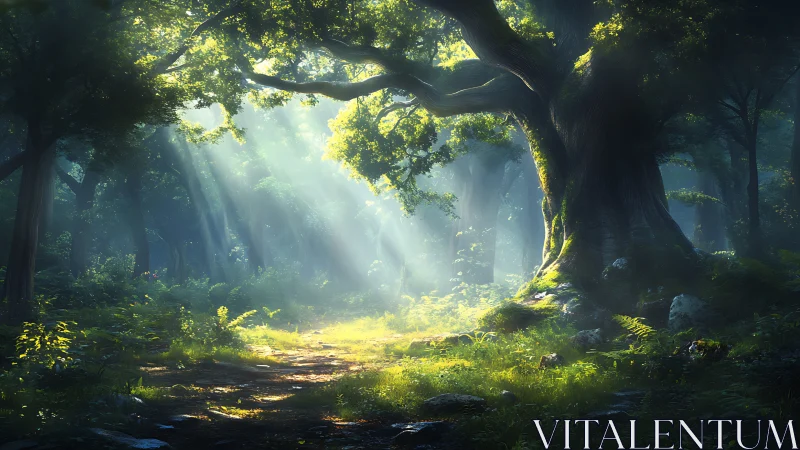 Enchanted old-growth forest corridor with crepuscular lighting and arboreal canopy.