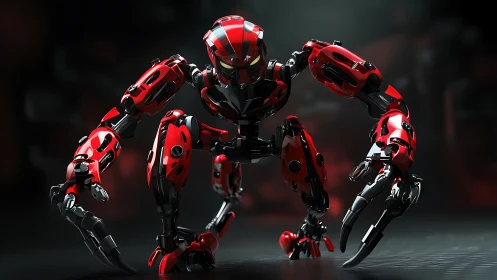 Quadrupedal red combat robot in low key studio lighting.