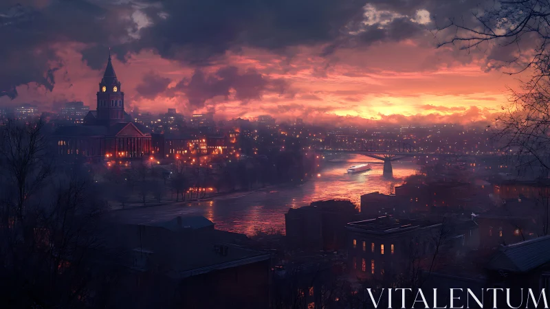 Twilight river metropolis with luminous clocktower and bridge.