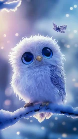 Snow-soft baby owl dreams under twilight firefly skies.
