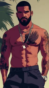 Sunlit swagger under palms, inked chest and silver chains.