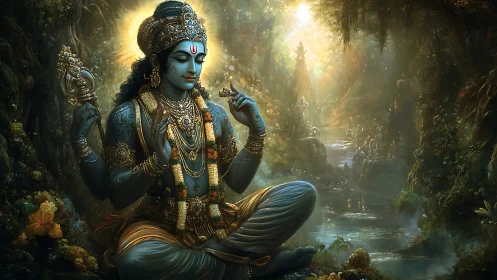 Divine blue deity meditates beside luminous forest river