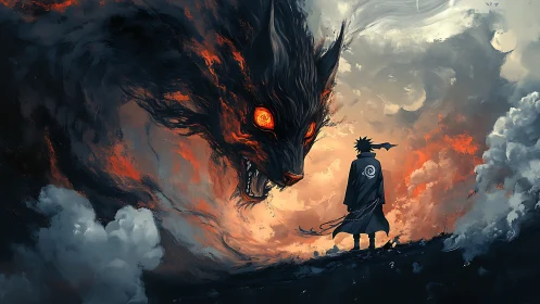 Cloaked warrior confronting colossal fiery fox spirit in storm
