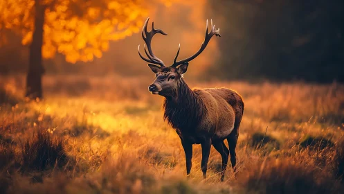 Quiet autumn sunrise with a proud stag in golden light.