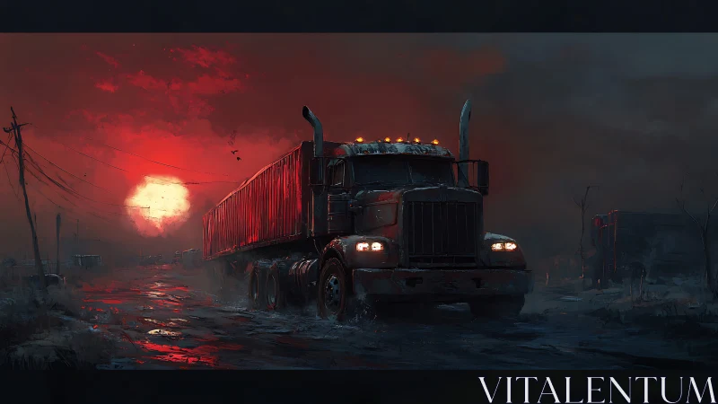 Apocalyptic semi truck crossing flooded road at red sunset.