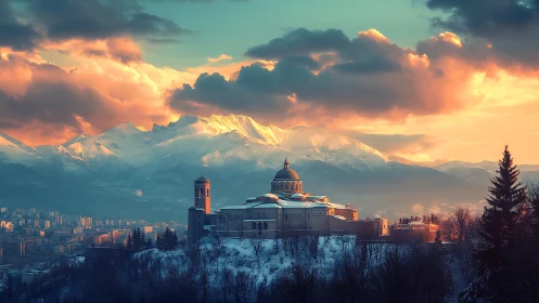 Snowy mountain city glows around a serene hilltop cathedral