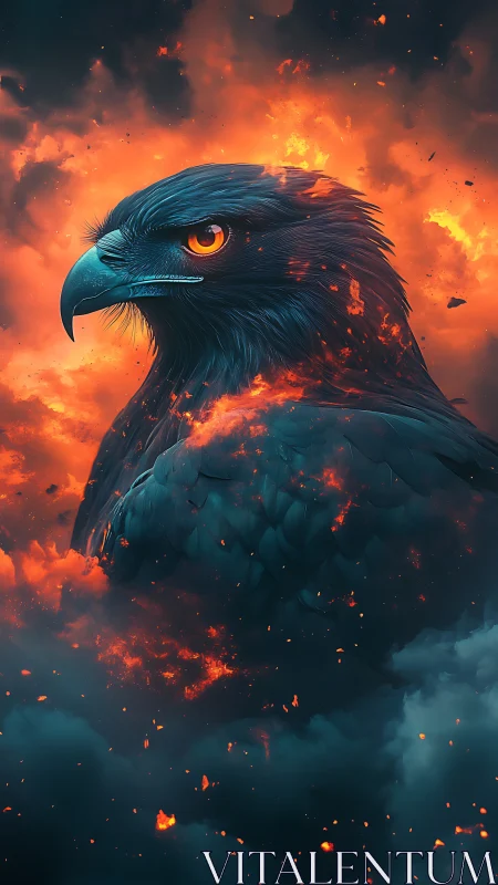 Fiery digital eagle portrait emerges from dense orange flames