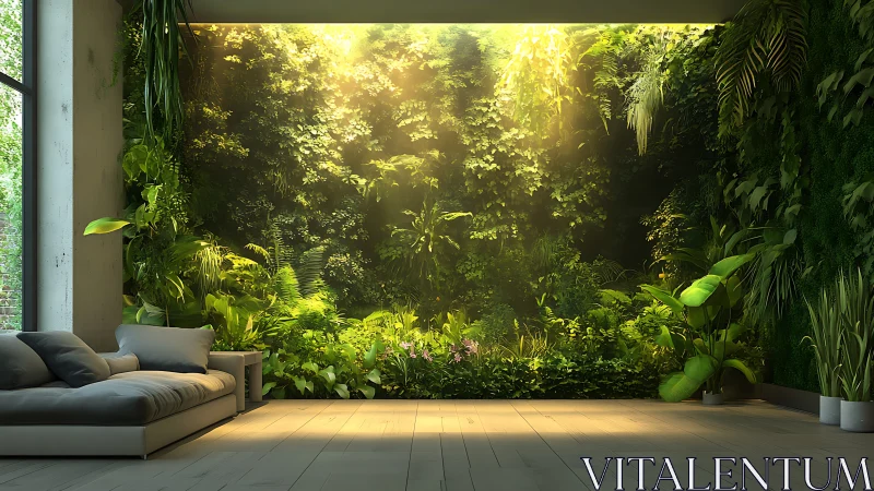 Modern living room opening onto lush indoor jungle wall