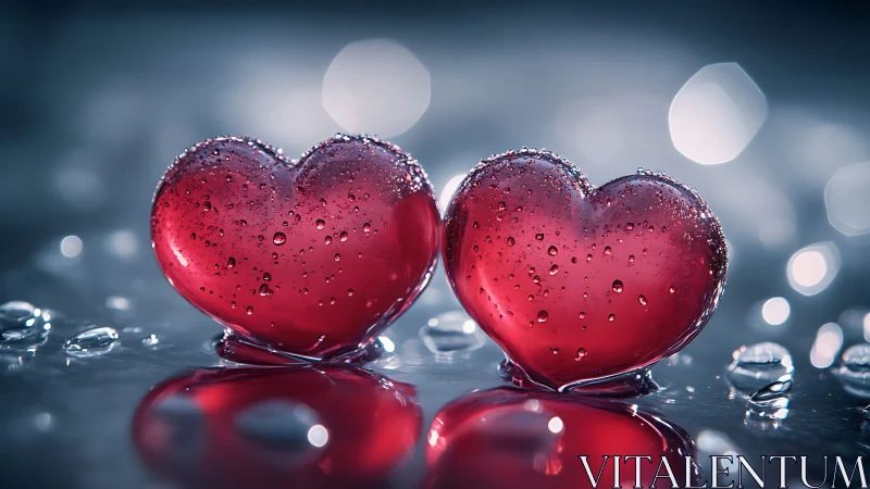 Two luminous red hearts rest on water with bokeh lights