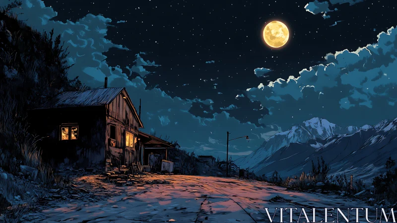Moonlit mountain road leads to a solitary glowing cabin
