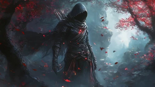 Hooded figure in dark forest with red foliage and tower.