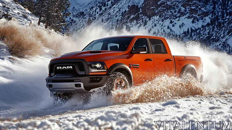 Orange off-road pickup powers through snowy mountain trail