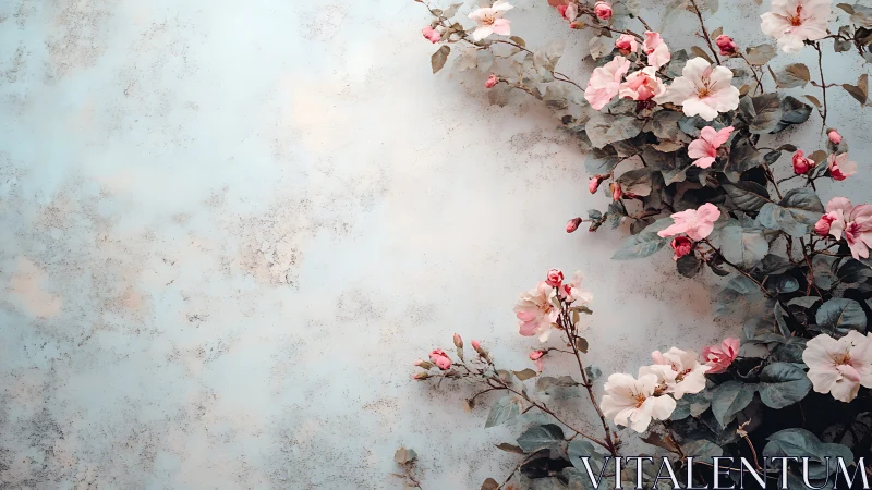 Pink Climbing Roses Against Weathered Stone Wall