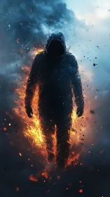 Hooded silhouette strides through erupting firestorm.
