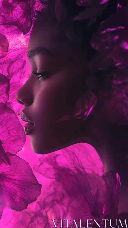 Side-profile portrait in magenta floral diffusion lighting.