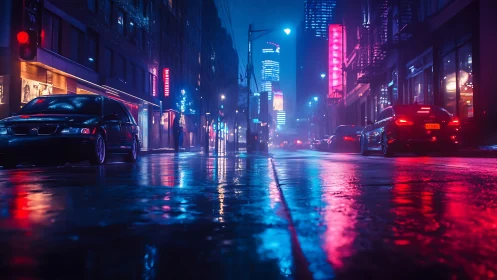 Cyberpunk rain-soaked avenue with neon-laced reflections at night.