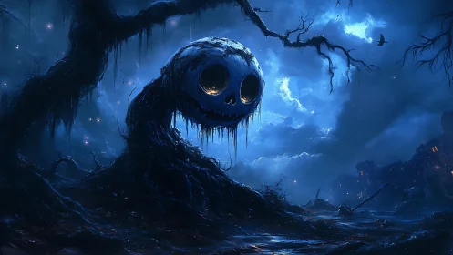 Haunted pumpkin wraith rises over stormlit graveyard marsh.