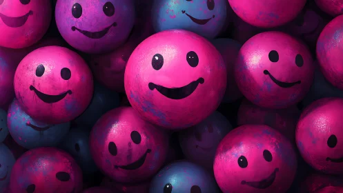 Cluster of bright pink smiley faces on round balls.