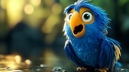Vibrant blue cartoon bird in a lush, animated forest scene.