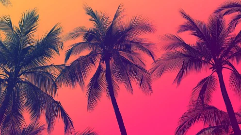 Palm tree silhouettes cut across vivid tropical gradient sky