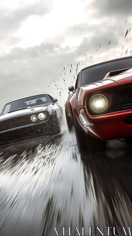 Muscle cars duel on rain-slick highway in dynamic chase.
