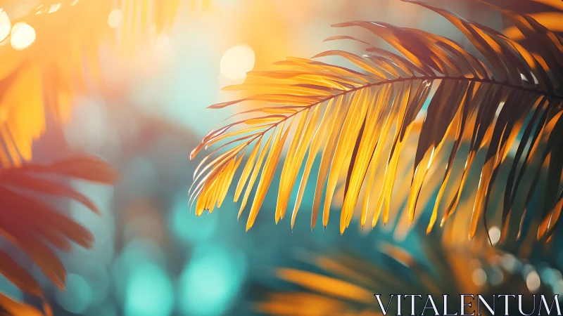 Sunlit tropical palm fronds glow against soft teal bokeh