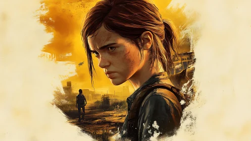 Defiant young survivor stands in a sunlit ruined wasteland.