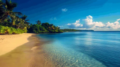 Tropical Paradise Beach with Crystal Waters and Palm-Lined Shoreline.